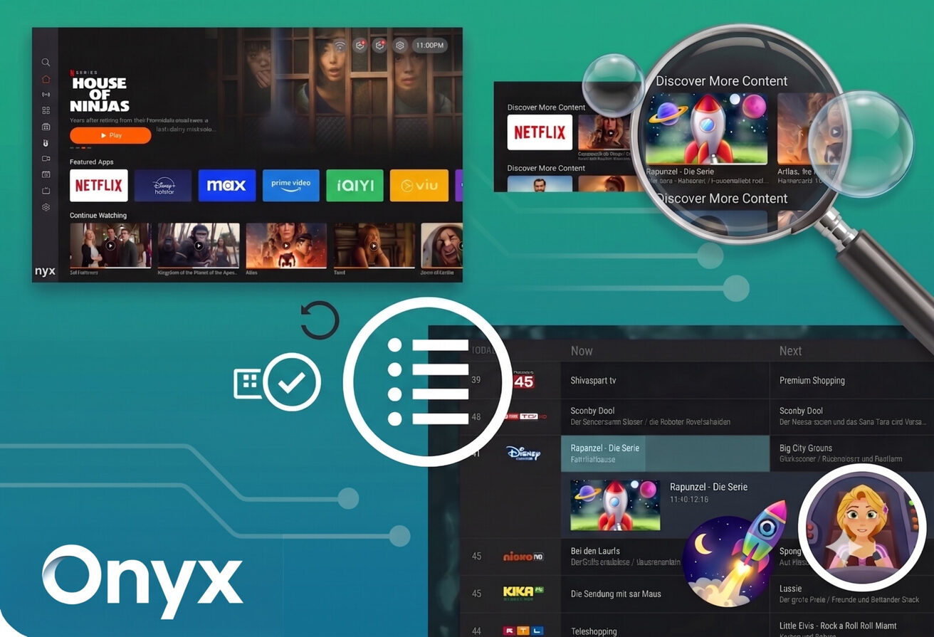 The Onyx UX running on a Linux STB — home screen with content rails, recommendations and the live TV guide.